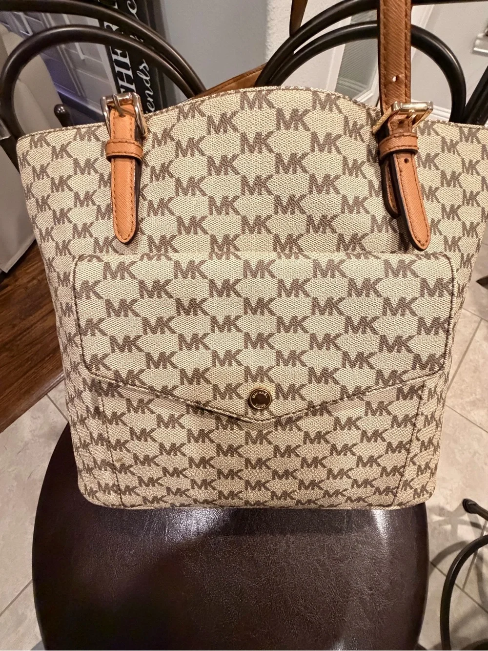 Michael Kors Tan/Beige MK Signature Tote with Front Pocket